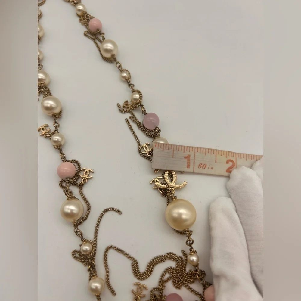 Chanel 100% Authentic Pearl 3 Large CC Long Necklace Silver Pink Tone 20 Inch